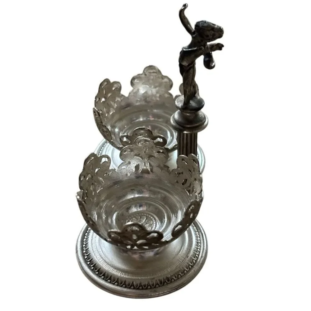 Silver Plated Salt & Pepper Container Holders With Cherub In Center